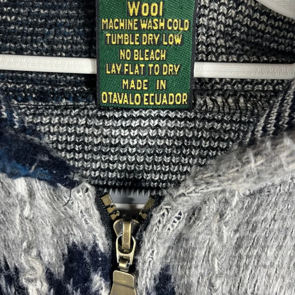 Rumiñahui Wool Zip Hoodie Men XL Grey Native American Chief Wolf Ecuador Sweater